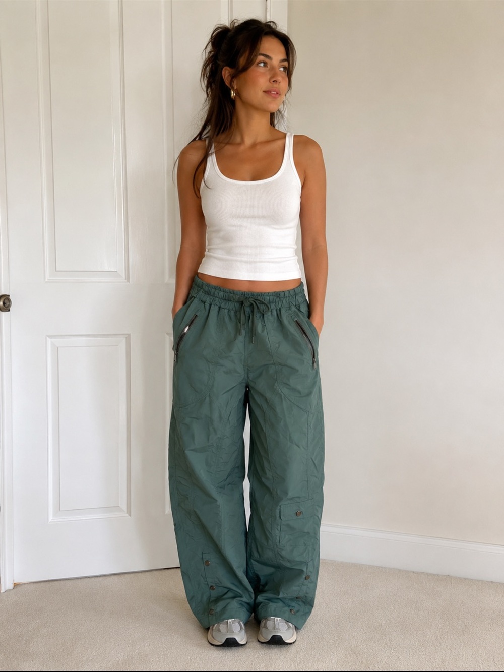 Free People NWT Sage Green Parachute Cargo Pants XS Boho Utility Wide Leg